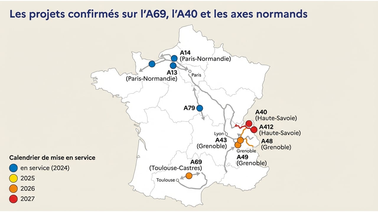 Carte de France localisant les axes A13/A14, A69, A40, A412 et les accès grenoblois avec leurs dates de mise en service respectives.