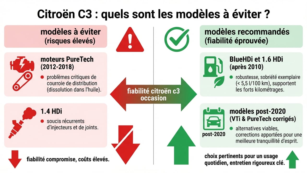 Tableau comparatif des Citroën C3 montrant les versions à éviter (PureTech 2012-2018, 1.4 HDi) en rouge et les versions fiables (BlueHDi post-2010, VTi 95) en vert.