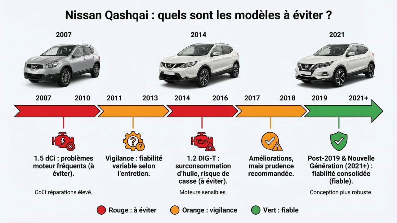 Frise chronologique montrant les périodes de fiabilité critique et recommandée pour les trois générations de Nissan Qashqai.