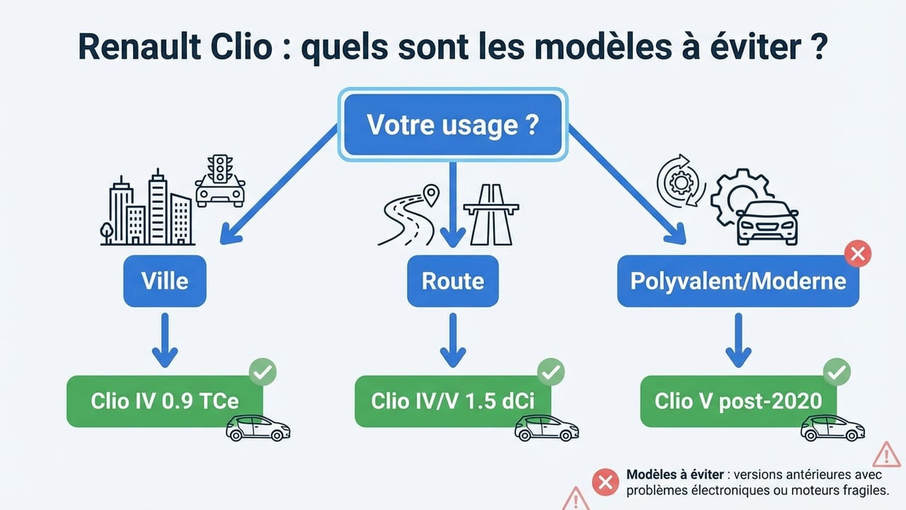 Arbre de décision pour choisir entre une Clio IV 0.9 TCe, une Clio V dCi ou une version hybride post-2020.