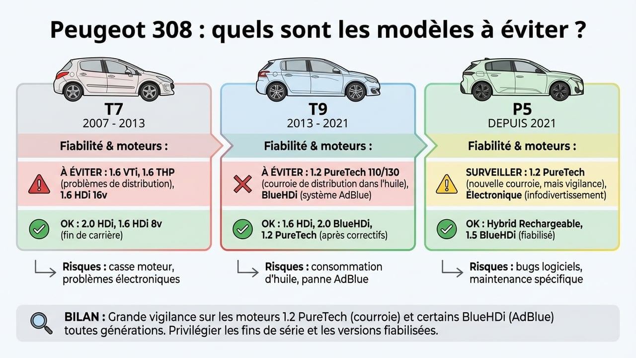 Infographie présentant les trois générations de Peugeot 308 : T7 (2007-2015), T9 (2013-2021) et P5 (depuis 2021) avec leurs silhouettes distinctives.