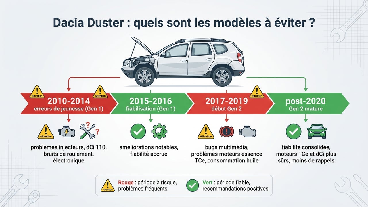 Frise chronologique montrant les périodes de fiabilité du Dacia Duster : zones rouges (2010-2014, 2017-2019) et zones vertes (post-2020).