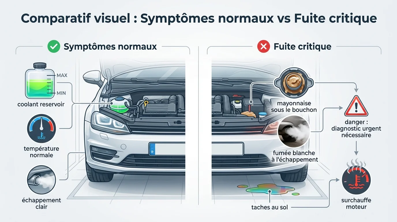 Comparatif visuel : Symptômes normaux vs Fuite critique