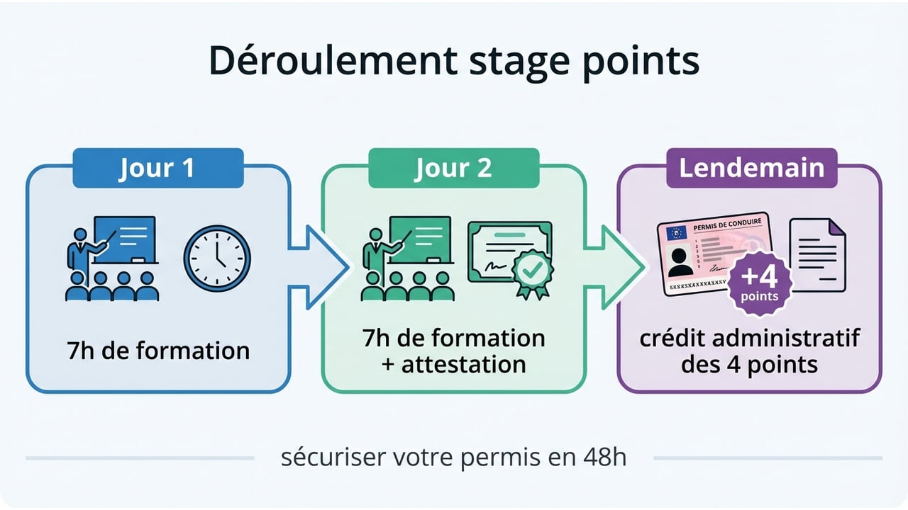 Schéma linéaire montrant le déroulement du stage sur deux jours et le crédit des points dès le lendemain.
