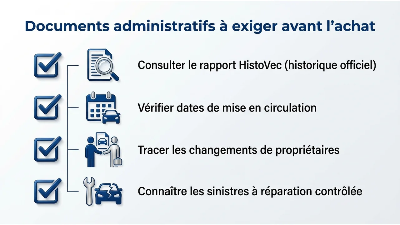 Liste visuelle des 4 documents indispensables : carte grise barrée, certificat de cession, contrôle technique de moins de 6 mois et certificat de non-gage.