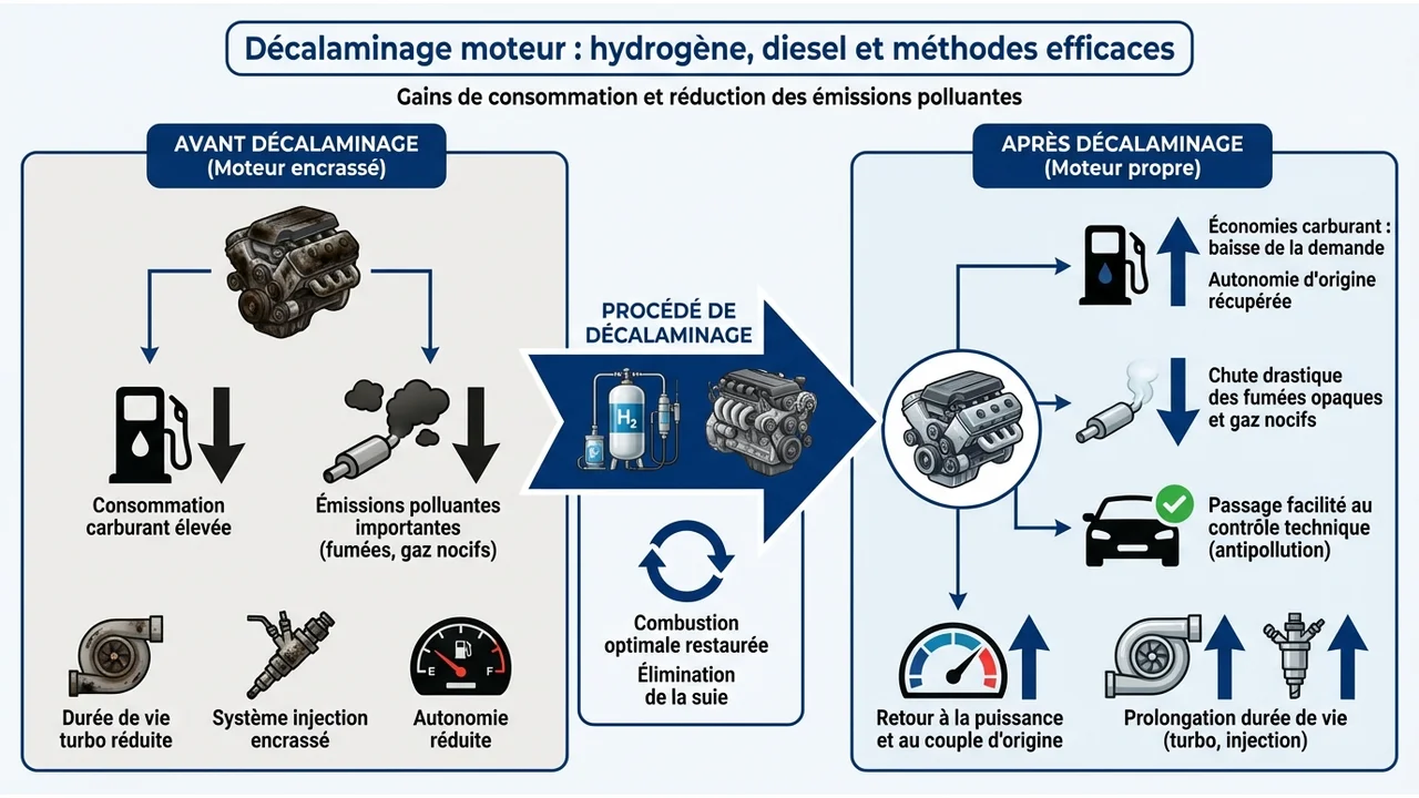 Diagramme circulaire montrant les gains après intervention : baisse de consommation, puissance restaurée et réduction des émissions polluantes.