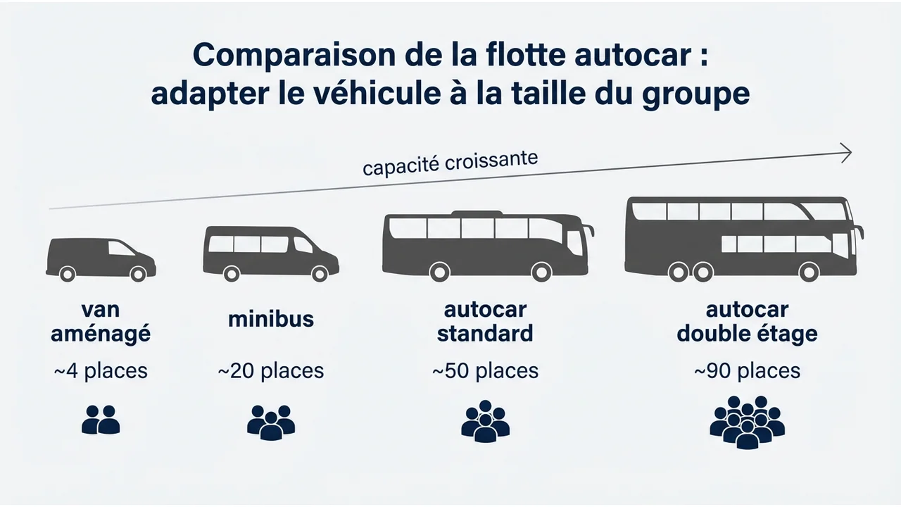 Tableau comparatif visuel présentant trois types de véhicules : minibus (jusqu'à 20 places), autocar classique (50 places) et autocar double étage (90 places).