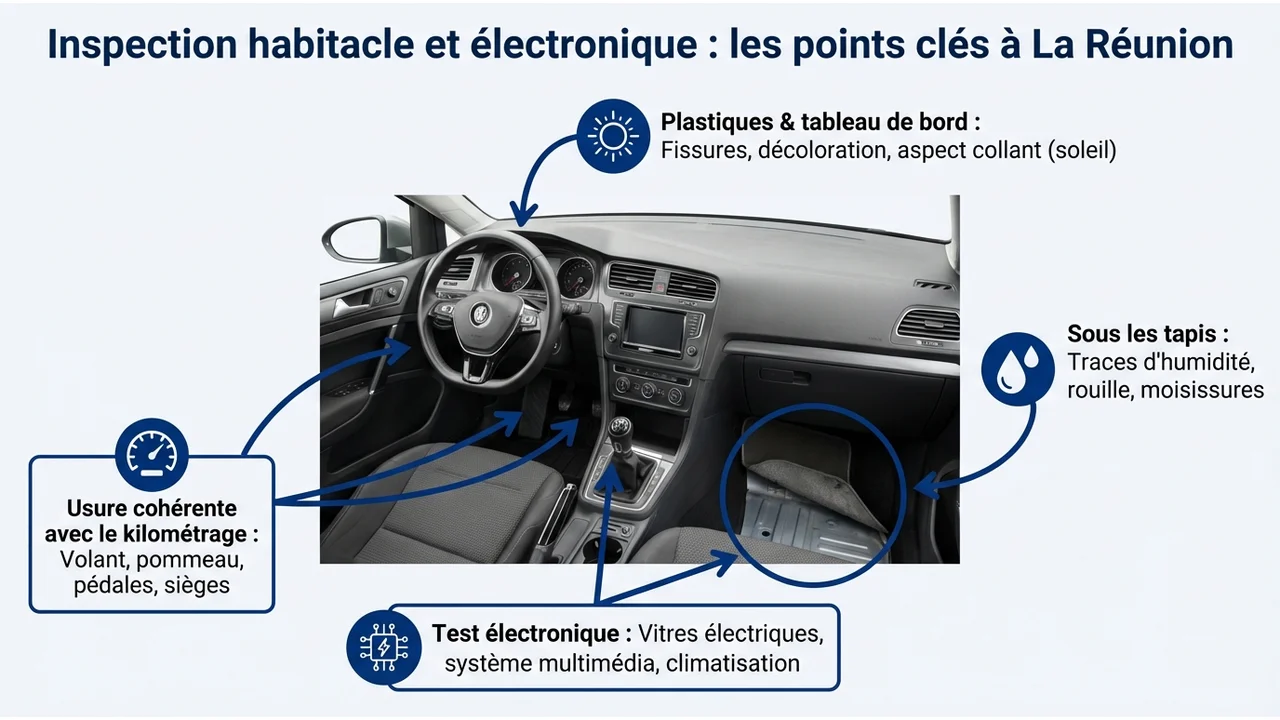 Schéma d'un habitacle automobile avec des zones de vigilance marquées : tableau de bord, système de climatisation, commandes de vitres et moquettes au sol.