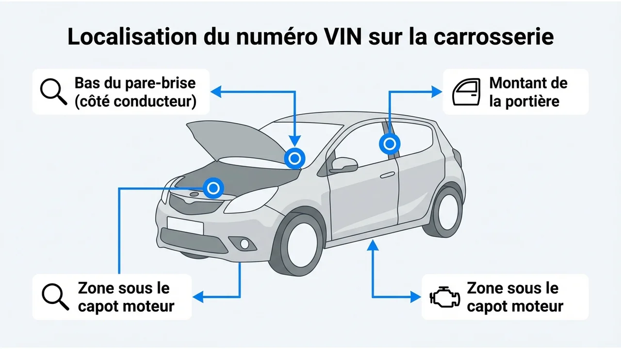 Schéma d'une voiture pointant les emplacements habituels du VIN : pare-brise, portière et compartiment moteur.