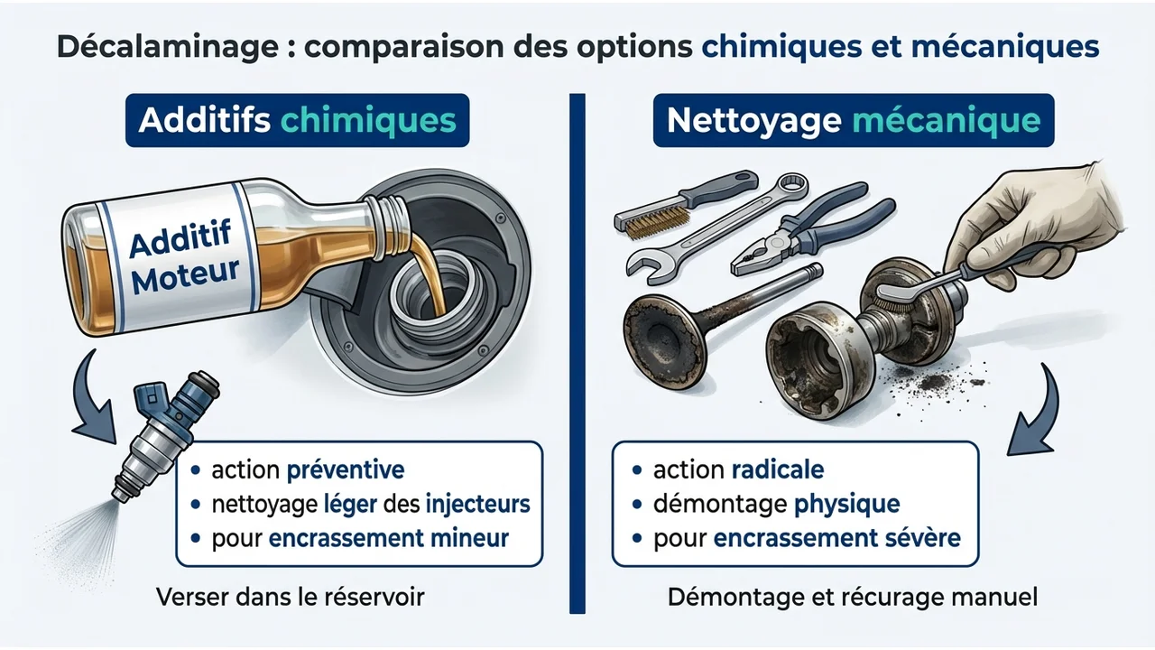 Graphique comparatif opposant l'additif chimique préventif au nettoyage mécanique manuel curatif.
