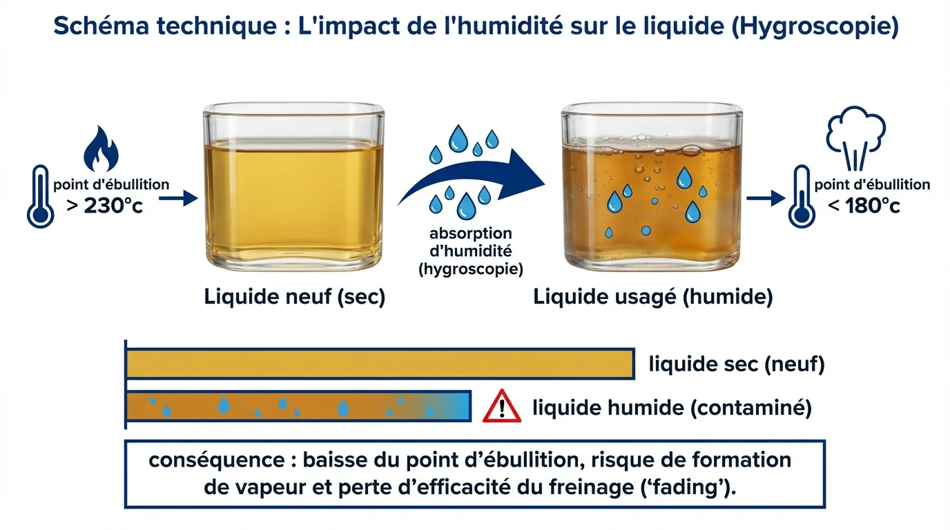 Schéma technique : L'impact de l'humidité sur le liquide (Hygroscopie)