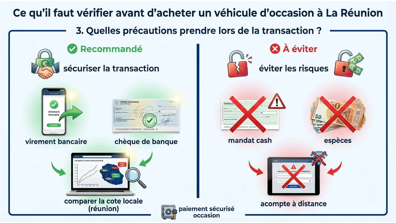 Tableau comparatif opposant les paiements sûrs comme le chèque de banque aux méthodes à éviter comme le mandat cash ou les espèces importantes.