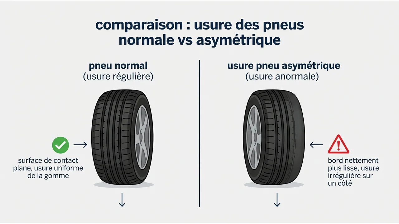 Illustration comparative entre une bande de roulement usée uniformément et une bande de roulement présentant une usure excessive sur un seul flanc due au parallélisme.