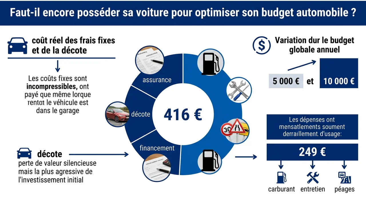 Graphique circulaire montrant la part prédominante des frais fixes (257€) et de la décote par rapport aux frais d'usage (249€) dans le budget total d'un automobiliste.