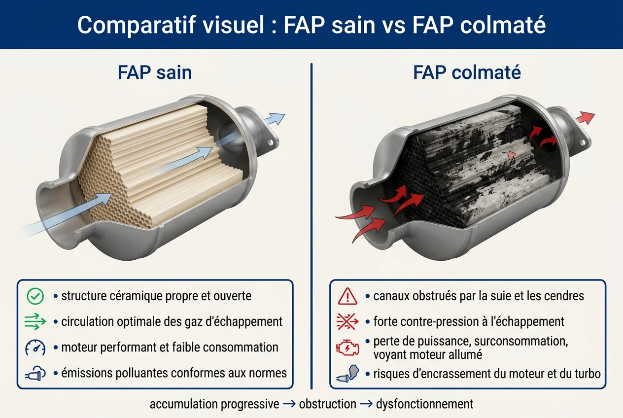 Comparatif visuel : FAP sain vs FAP colmaté