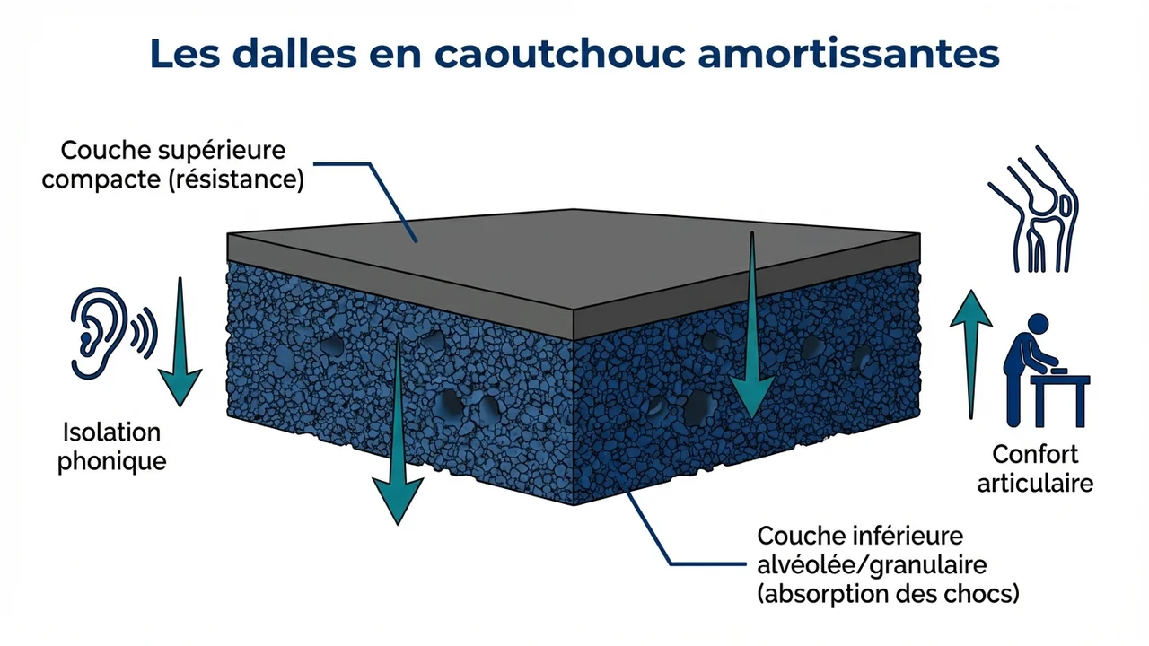 Coupe latérale d'une dalle Rubber Start montrant les différentes strates de matériaux.