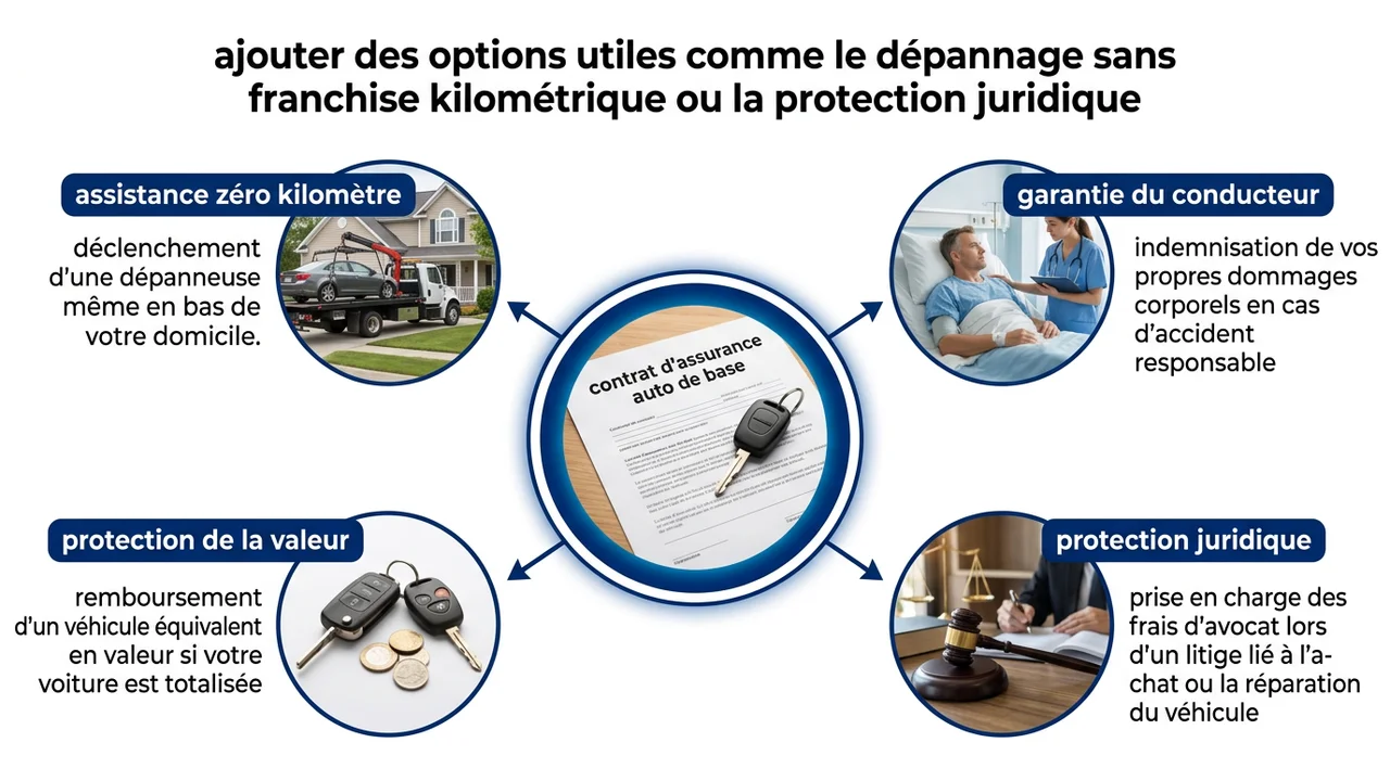 Schéma en quatre blocs présentant les options majeures : assistance 0 km, garantie du conducteur, protection juridique et véhicule de remplacement.