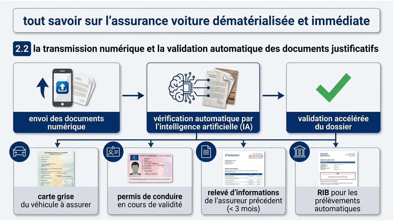 Infographie listant la carte grise, le permis de conduire, le relevé d'information et le RIB pour s'assurer en ligne