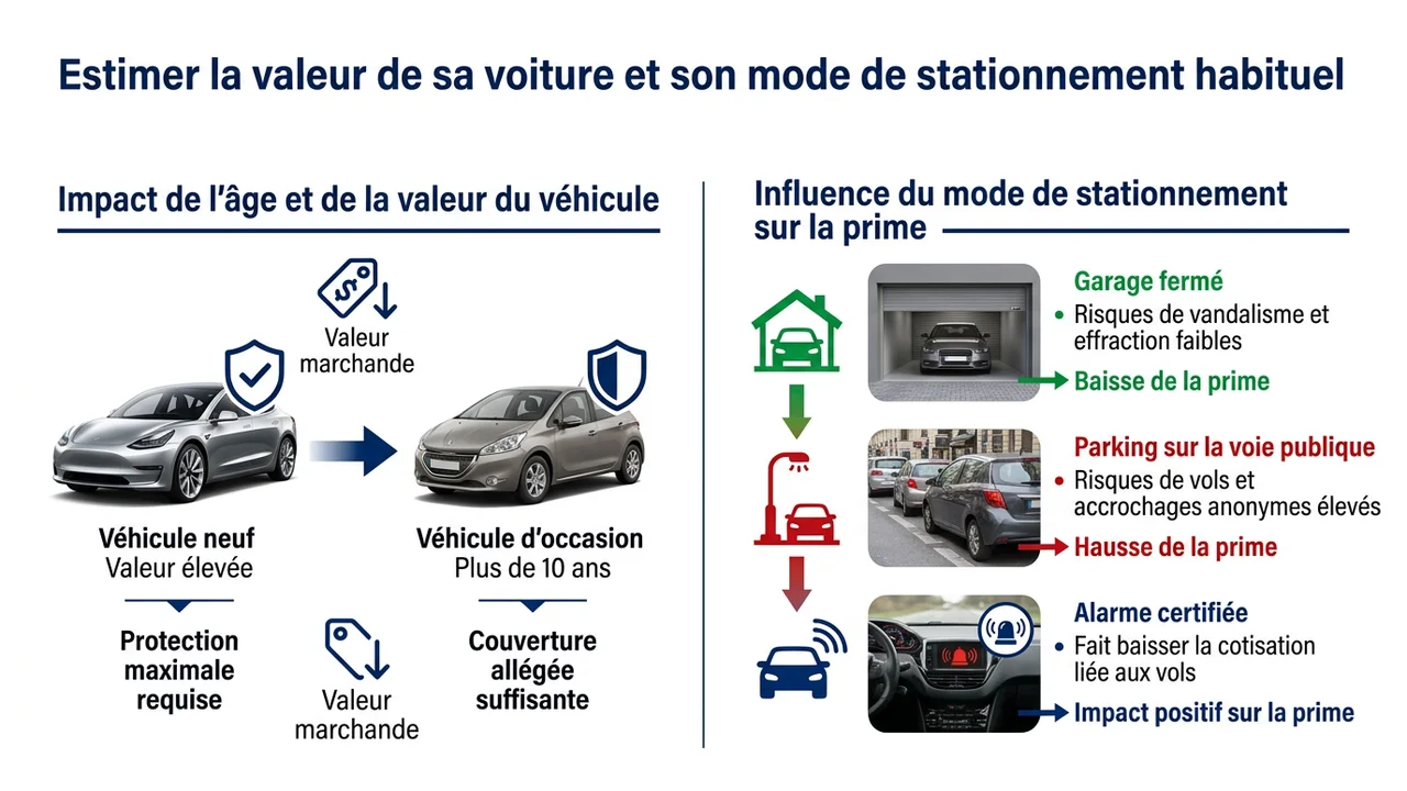 Infographie illustrant trois niveaux de risque selon le stationnement : garage privé (risque faible), parking clos (risque modéré) et voie publique (risque élevé).
