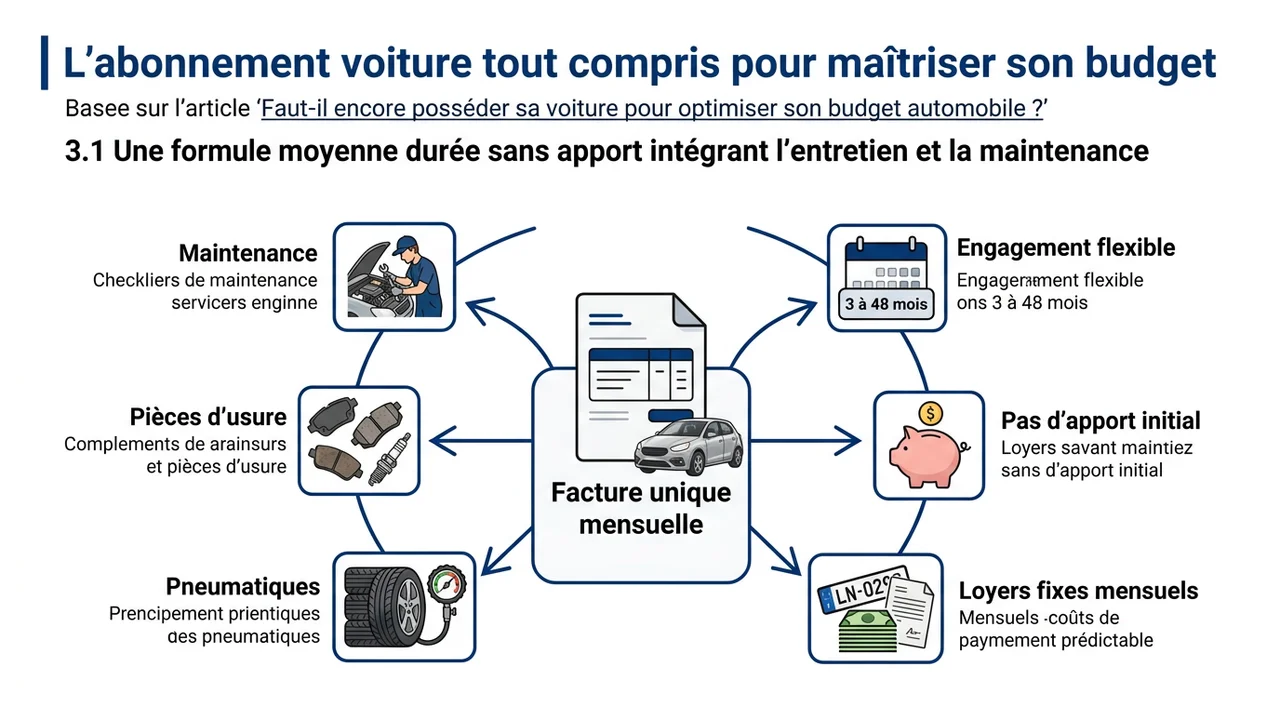 Schéma explicatif montrant tous les services regroupés dans une seule mensualité : entretien, pièces, pneus et assistance.