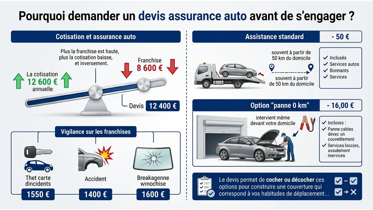 Graphique comparatif montrant la relation inverse entre le coût de la cotisation annuelle et le montant des franchises à payer en cas de sinistre.