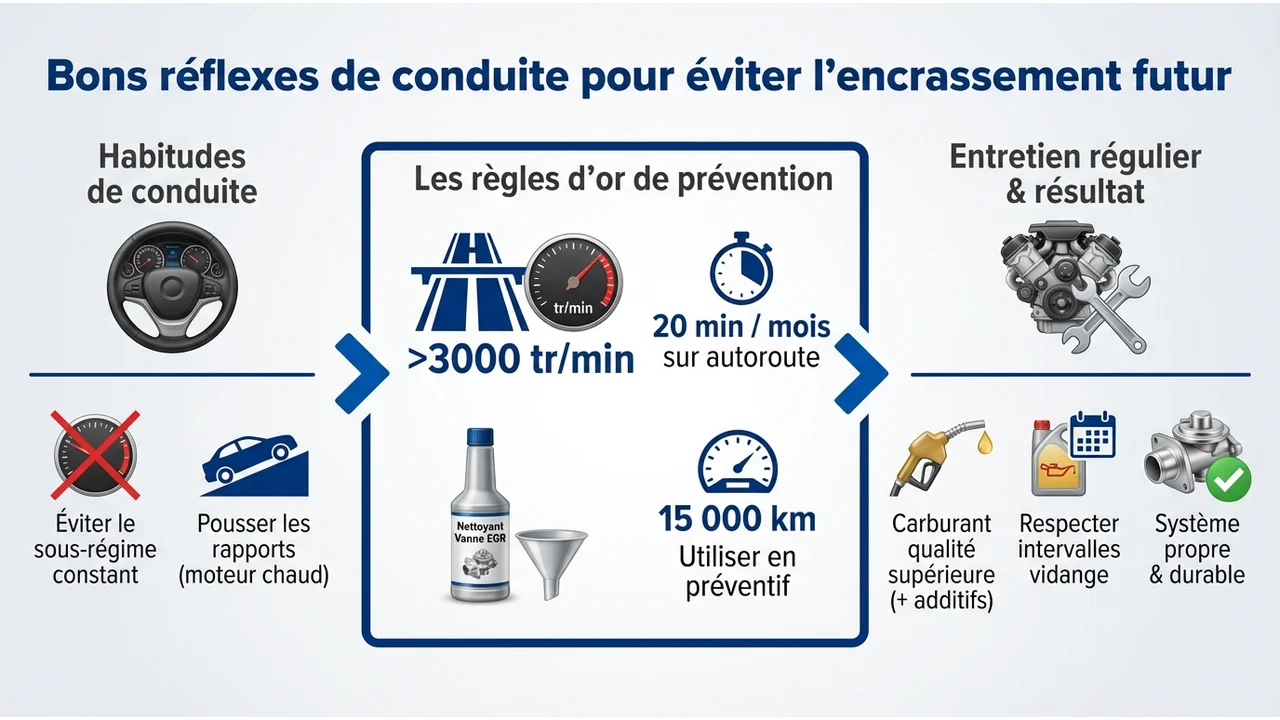 Infographie résumant les bonnes pratiques : conduite sur autoroute, carburant de qualité et additifs