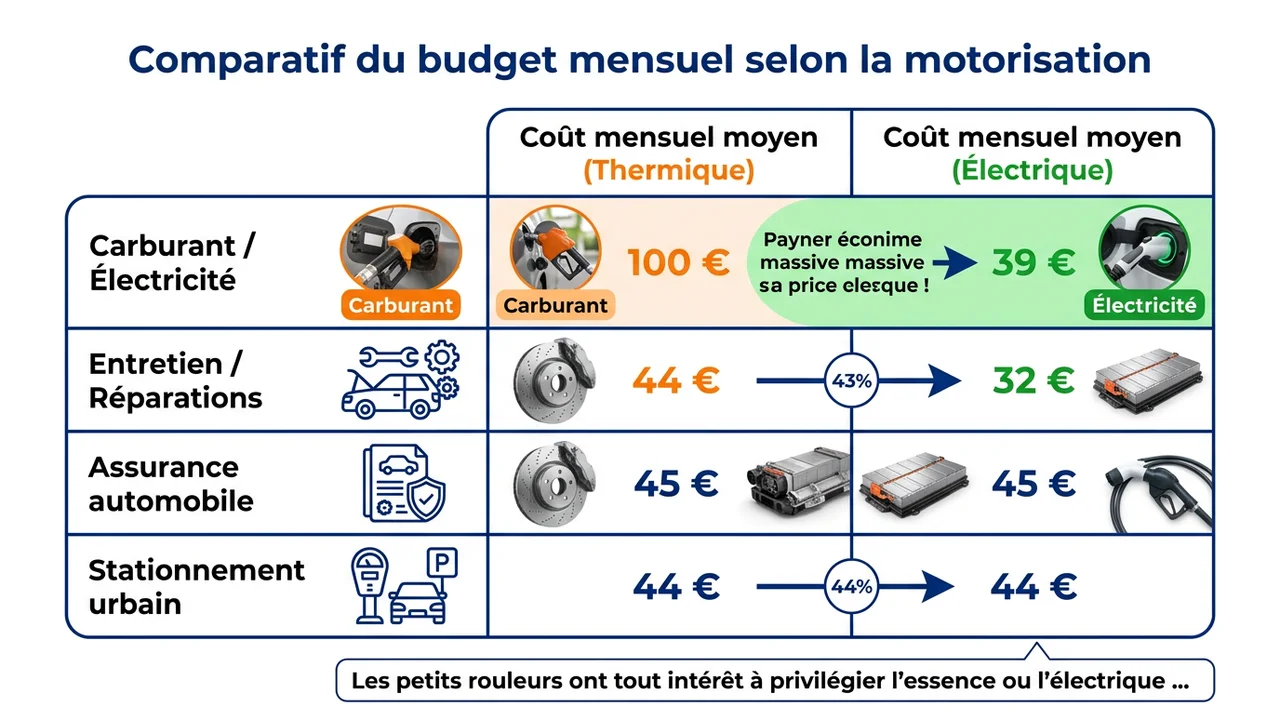 Tableau comparatif illustrant les économies réalisées sur l'énergie et l'entretien en passant d'un véhicule thermique à un véhicule électrique.