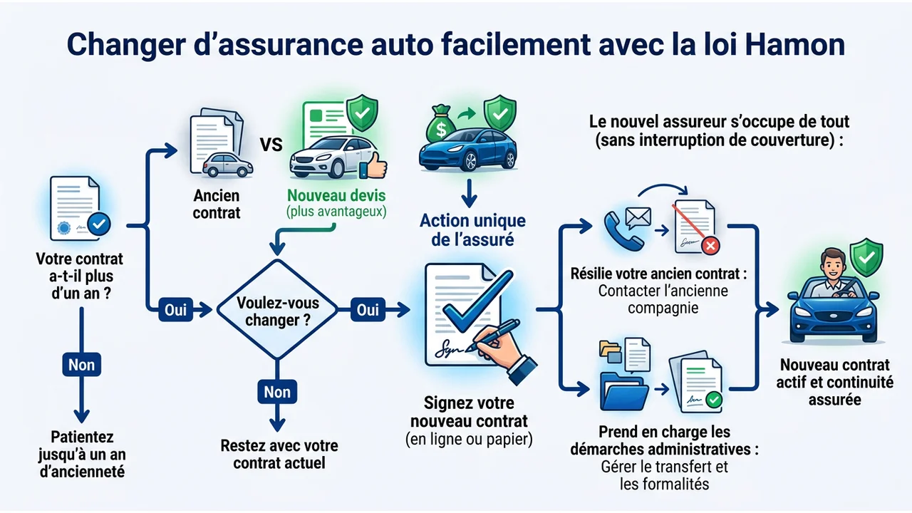 Flux de travail montrant la simplicité du changement d'assurance : signature du nouveau contrat, mandat de résiliation et transfert automatique.