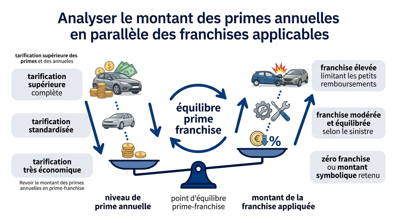 Schéma montrant la relation inversement proportionnelle entre le montant de la prime mensuelle et le niveau de la franchise.