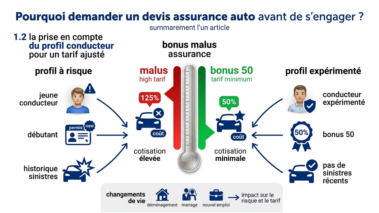 Schéma explicatif montrant comment le coefficient de réduction-majoration impacte le coût de l'assurance selon l'expérience du conducteur.