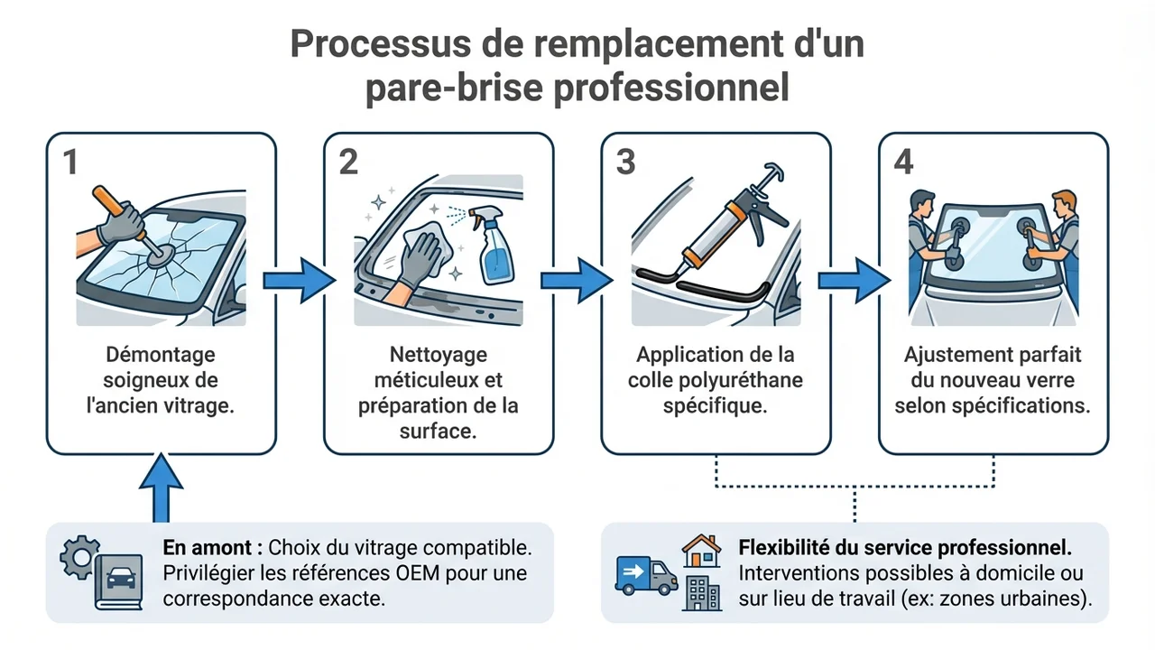 Diagramme des étapes de remplacement : retrait, préparation de la surface, encollage et pose du nouveau vitrage.