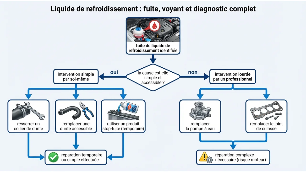 Arbre de décision guidant l'utilisateur sur la nécessité de consulter un mécanicien selon la complexité de la panne.