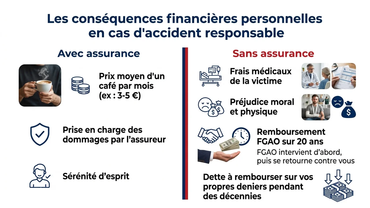 Tableau comparatif entre le prix modéré d'une cotisation annuelle d'assurance et les sommes astronomiques à rembourser au FGAO en cas d'accident sans assurance.