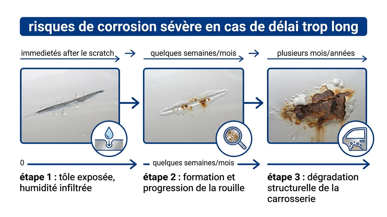 Ligne de temps montrant l'évolution d'une rayure profonde : de l'impact sain à l'apparition de l'oxydation puis au soulèvement de la peinture environnante.