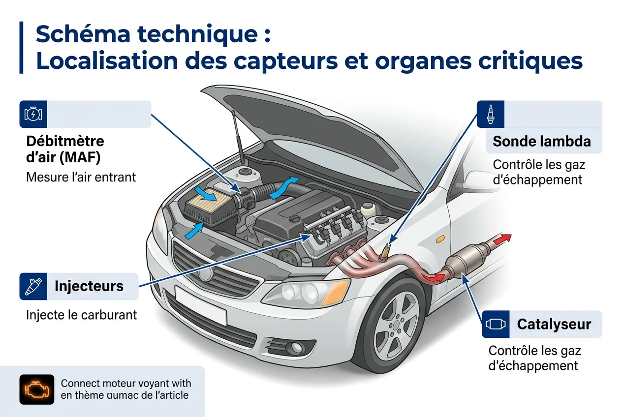 Schéma technique : Localisation des capteurs et organes critiques