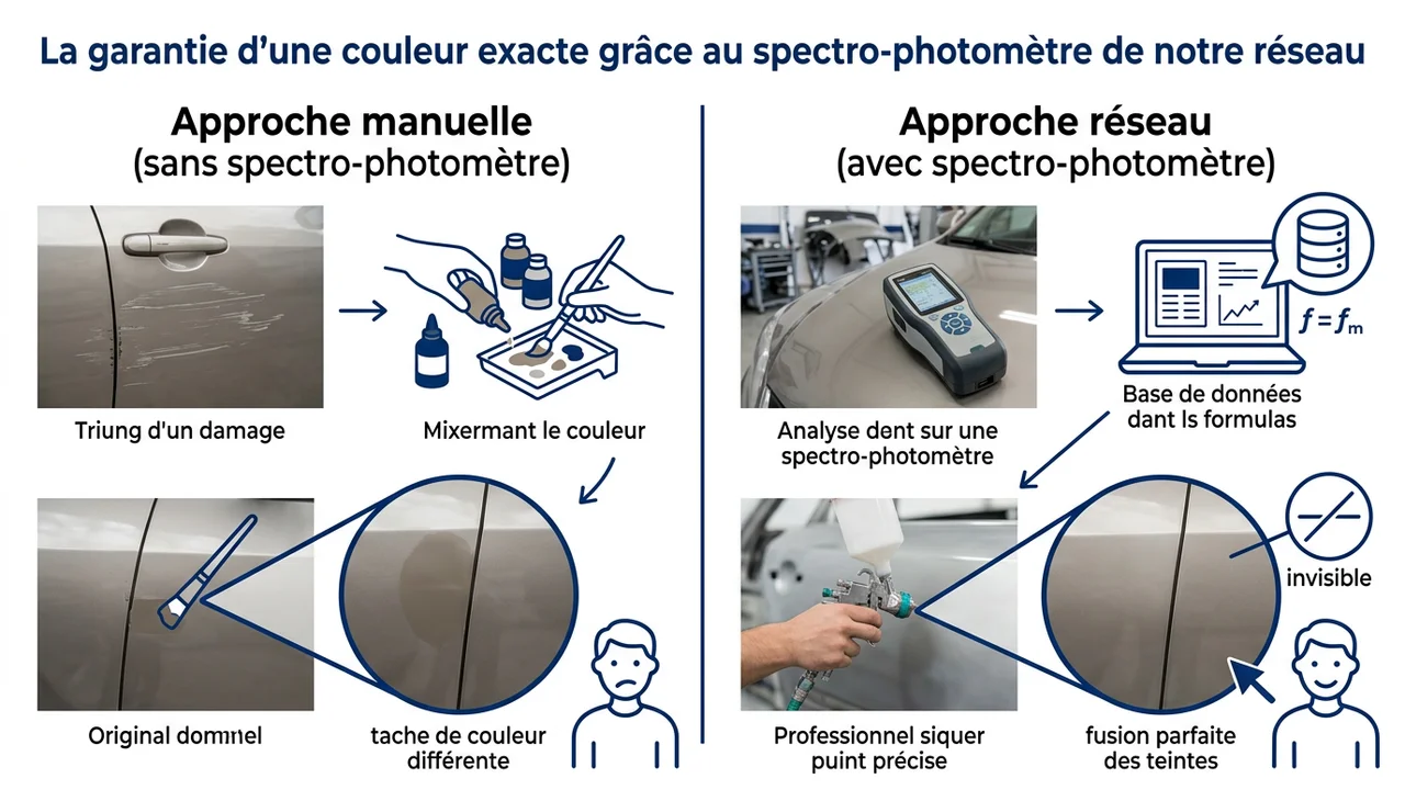 Comparaison visuelle entre un raccord de peinture approximatif fait au pinceau et un raccord invisible réalisé après analyse au spectro-photomètre.