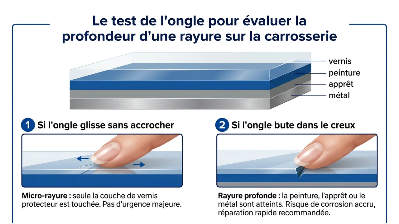 Infographie montrant deux schémas : un ongle glissant sur une micro-rayure superficielle et un ongle bloqué dans une rayure profonde atteignant l'apprêt.