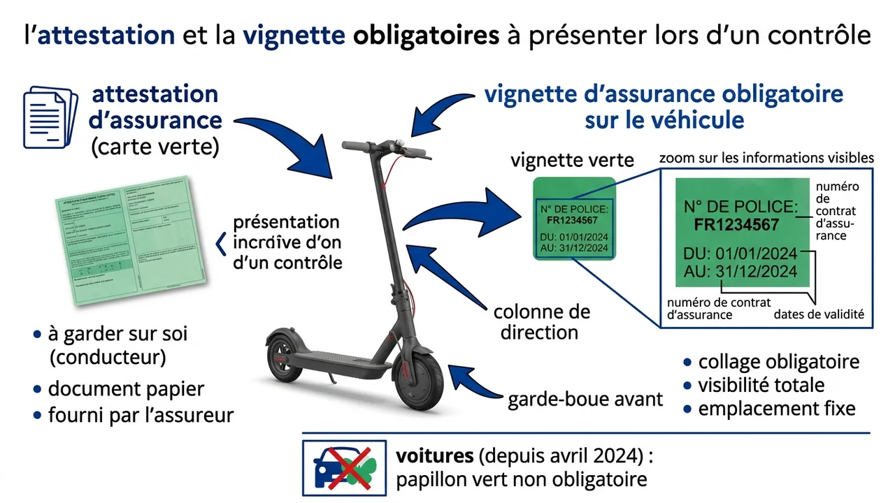 Schéma technique d'une trottinette électrique indiquant les zones réglementaires pour coller le certificat vert.