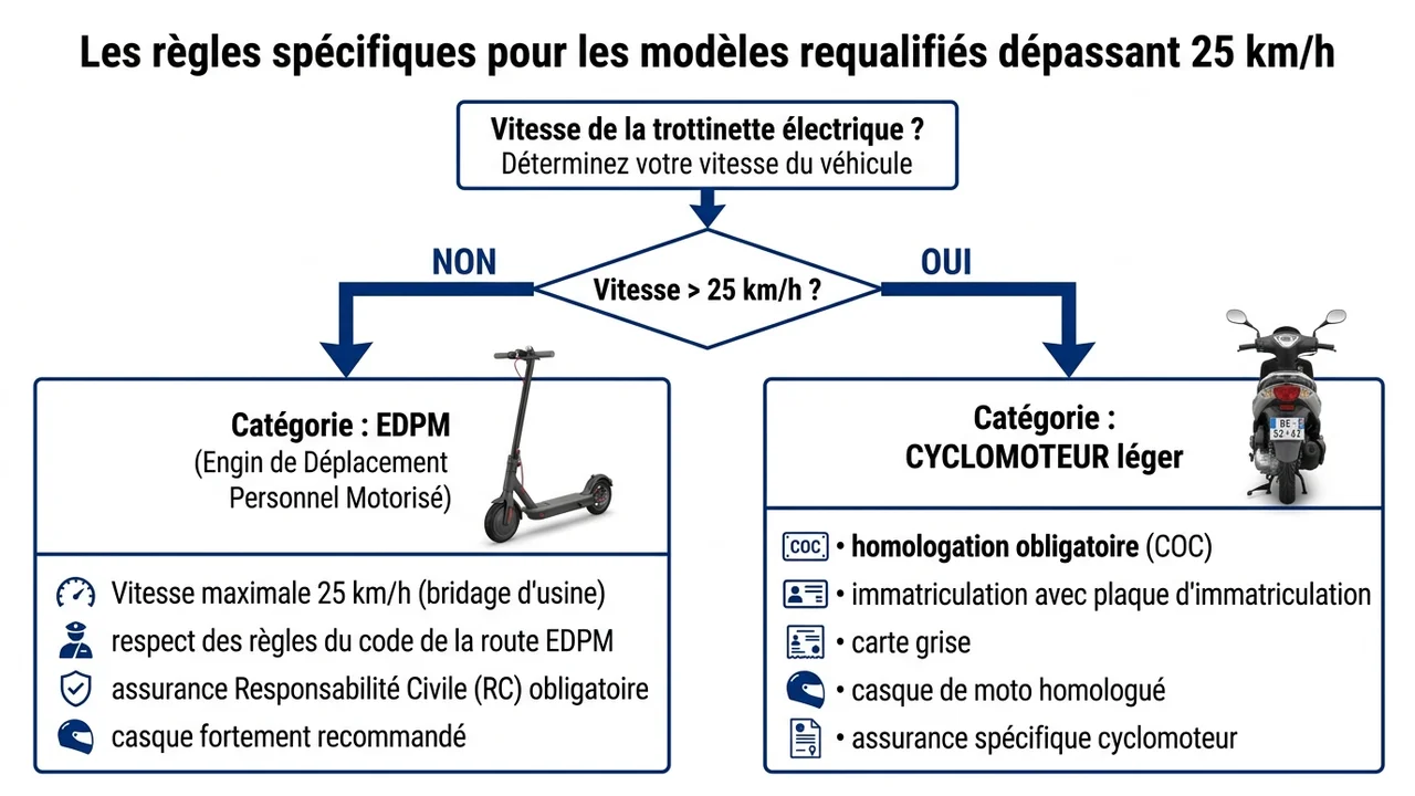 Schéma décisionnel classant l'engin en EDPM si la vitesse est inférieure à 25 km/h ou en cyclomoteur si elle est supérieure.