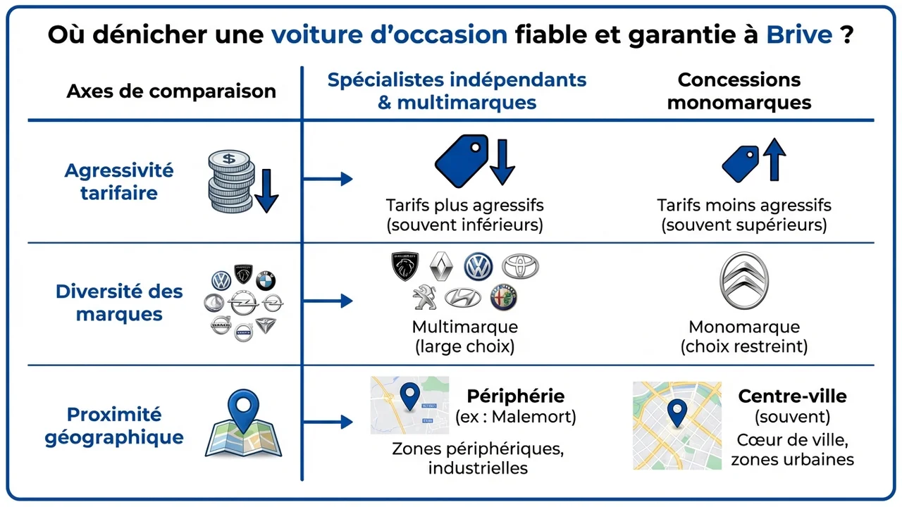 Comparatif visuel entre les concessions de centre-ville et les spécialistes de Malemort sur les critères de prix et de choix.