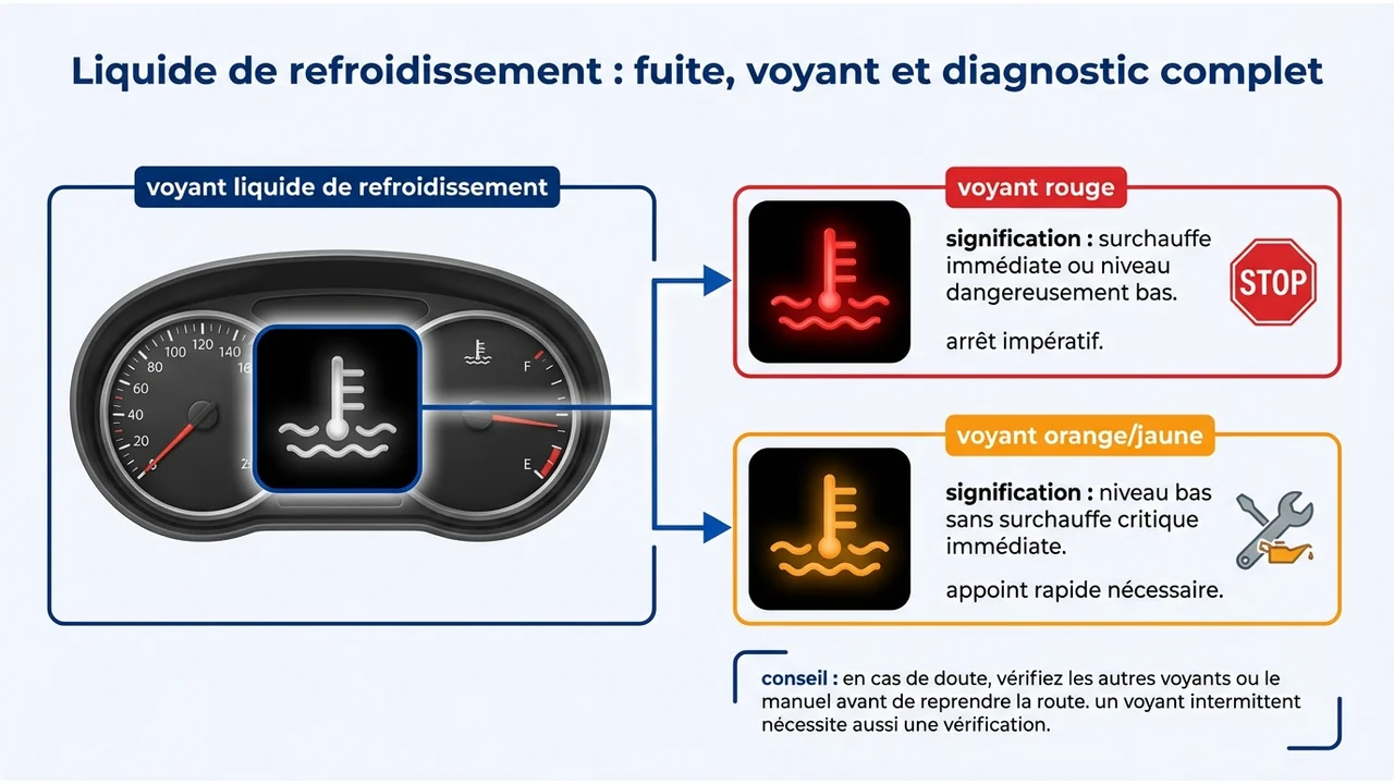 Comparatif visuel entre le voyant orange (niveau bas) et le voyant rouge (surchauffe critique) du liquide de refroidissement.