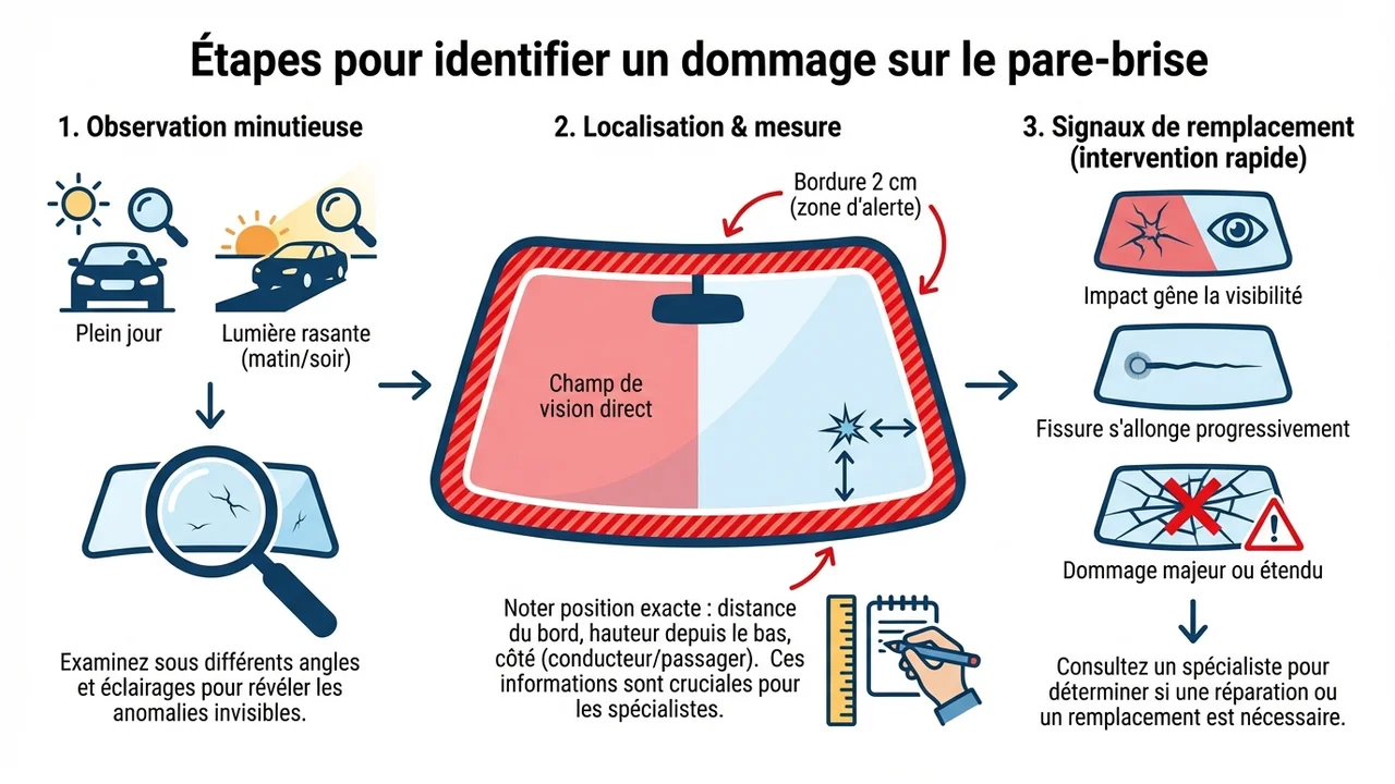Schéma technique d'un pare-brise délimitant le champ de vision du conducteur et les zones de bordures critiques.
