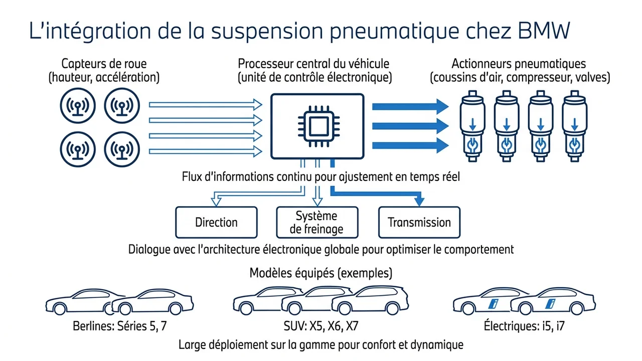 Schéma technique illustrant la communication entre les coussins d'air, l'unité de contrôle, la direction et le système de freinage.