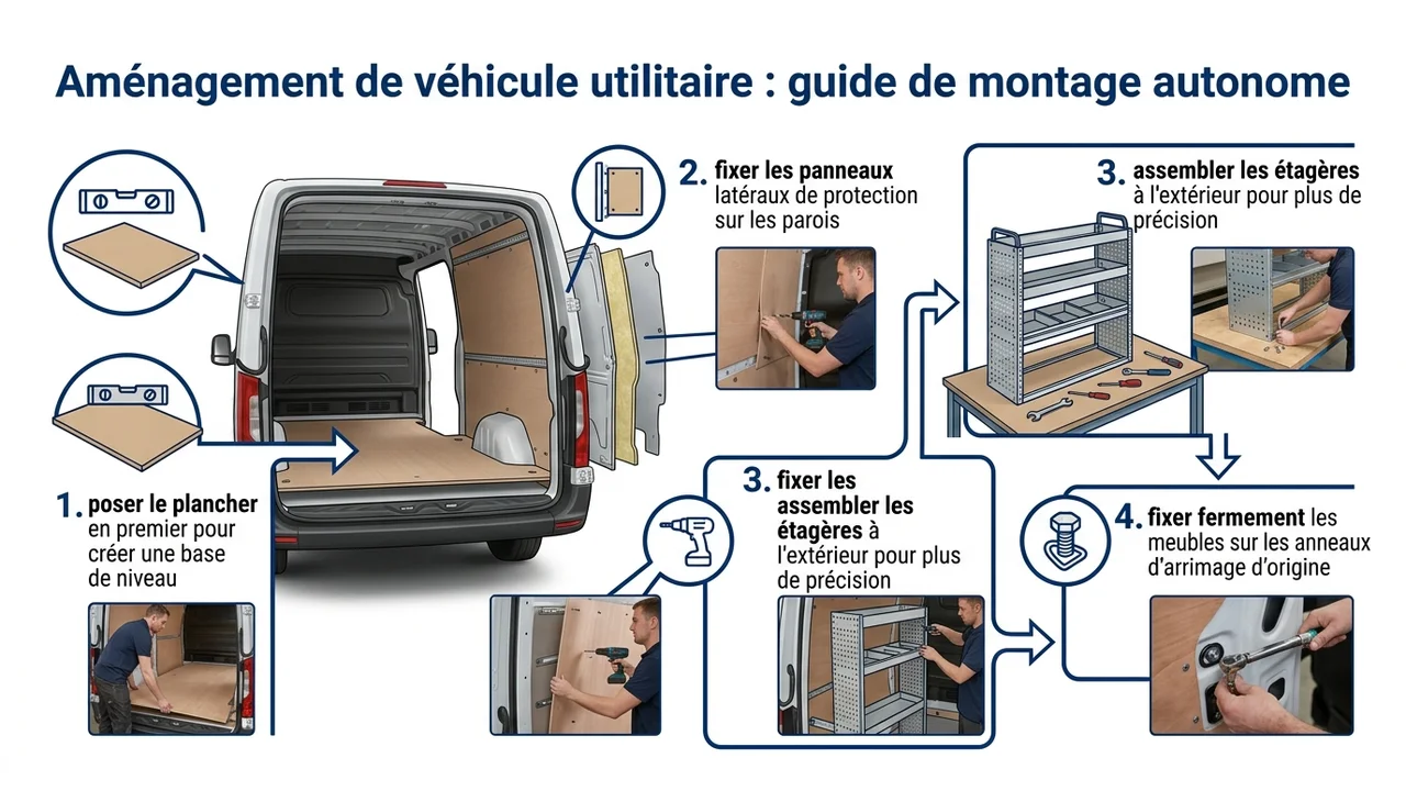 Diagramme en 4 étapes montrant l'ordre logique d'installation dans un fourgon vide : plancher, parois, puis mobilier.