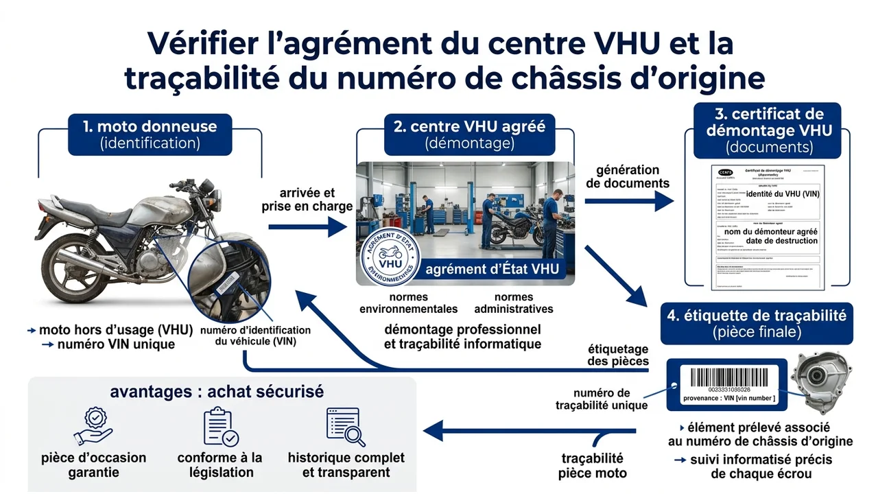 Schéma montrant le parcours d'une pièce du centre VHU agréé jusqu'au client final avec son numéro de série.