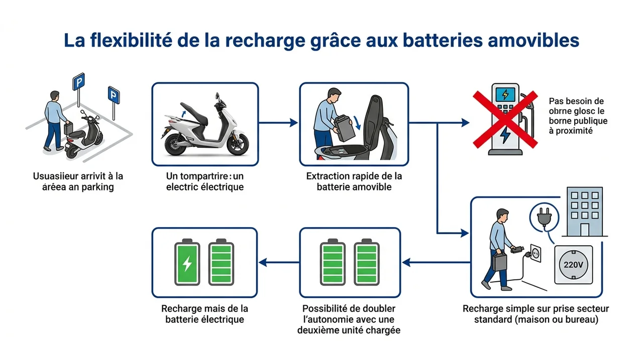 Illustration des étapes de recharge : ouverture du siège, retrait de la batterie amovible et branchement sur une prise murale standard.