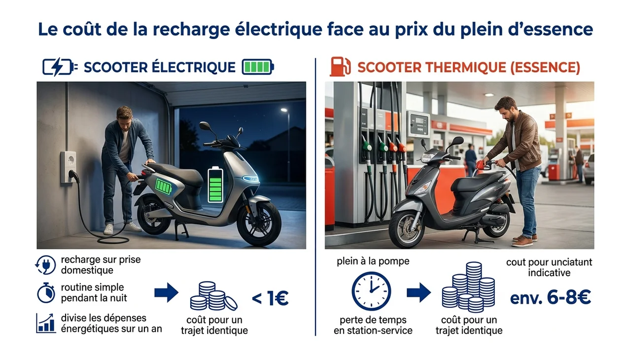 Graphique à barres comparant le coût d'un trajet de 100km entre un plein d'essence et une recharge électrique sur prise domestique.