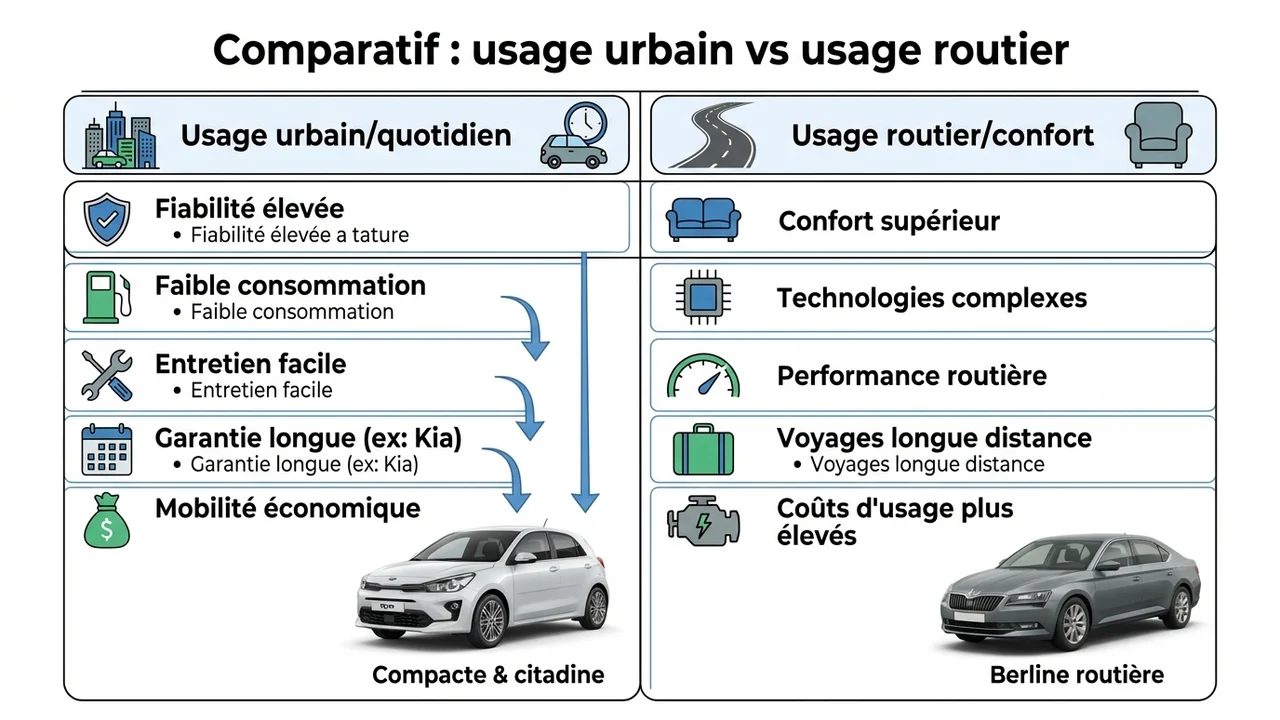 Tableau comparatif montrant les avantages des citadines (Kia) pour la ville vs les berlines de luxe (Mercedes) pour les longs trajets.