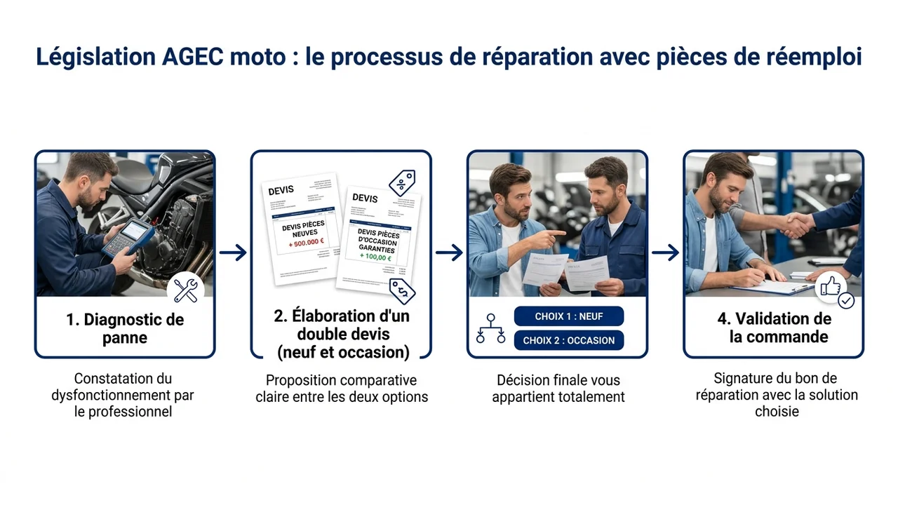 Diagramme montrant les étapes du devis chez un réparateur incluant systématiquement l'option pièces de réemploi.
