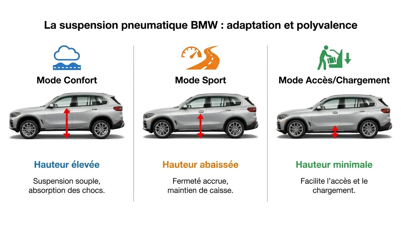 Comparaison visuelle d'un SUV BMW en position haute (chargement), normale (confort) et basse (sport/autoroute).